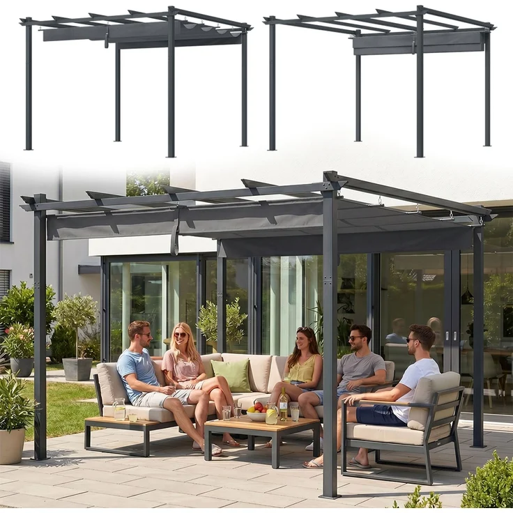 STEELSØN 'Xyriela' Pergola mit Schiebedach, 3x3m, Aluminium, anthrazit/grau, Gartenpavillon, wetterfest, Pavillon mit freistehender Terrassenüberdachung – Bild 1