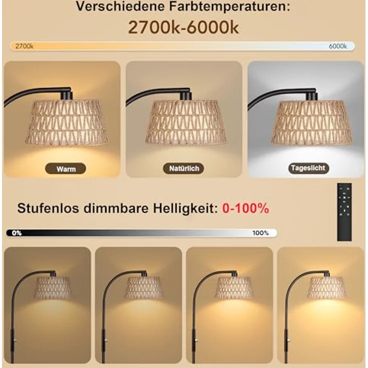 ROTTOGOON Bogen Rattan Stehlampe für Wohnzimmer 3 Farbtemperaturen Dimmbare 9W LED mit Fernbedienung Boho Landhausstil Stehleuchte für Schlafzimmer Büro Schwarz – Bild 3
