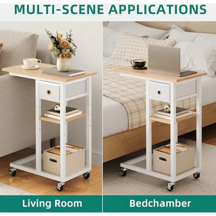 YITAHOME 2PCS Beistelltisch, C-Form Sofatisch mit Rollen und Schublade，Wohnzimmertisch für Kaffee und Laptop，für Wohnzimmer, Schlafzimmer，50 x 30 x 67 cm, Eiche – Bild 7