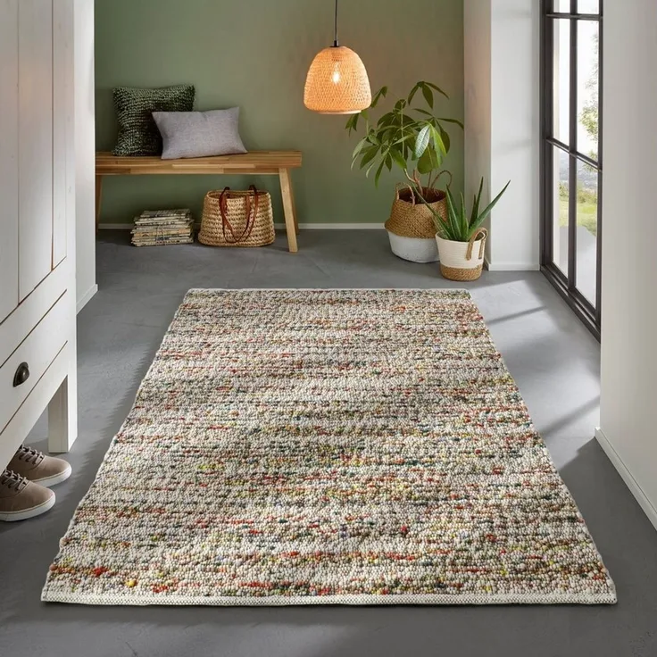 TaCa Home Wollteppich Gewalkter Handweb Woll-Teppich mit schwarzer Kette, rechteckig, Höhe: 15 mm, nachhaltige Schurwolle Wohnzimmer Schlafzimmer, Multi - 130x190 cm