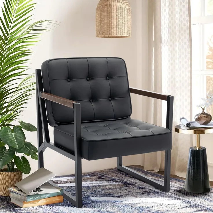 COLAMY Mid Century Modern ohrensessel, Bequeme Lounge Sessel, Brauner Leder Accent Chair, Kunstleder Empfangssessel mit Metallbeinen für Wohnzimmer Schlafzimmer Empfangsraum Wartezimmer, Schwarz