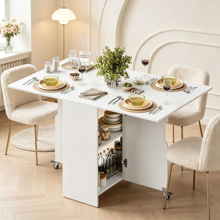 Mobiler Couchtisch,Klappbarer Rollentisch mit integriertem Stauraum für flexiblen Einsatz,Klapptisch,Funktionaler Beistelltisch,Erweiterbarer Esstisch(nur mit 1pcs Esstisch)--Weiß--95x90x35cm--YOUDENOVA – Bild 3