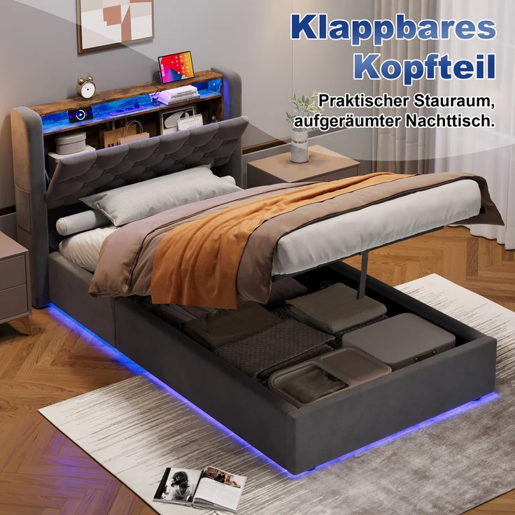 MODFU Polsterbett mit Bettkasten, Holland-Velours, LED, USB/Type-C und Ablage im Kopfteil, 90x200 cm – Bild 7