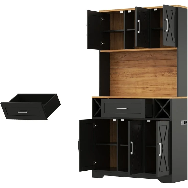 Küchenschrank, hoher Stauraumschrank mit LED-Beleuchtung, Vorratsschrank mit Weinregalen, Weinschrank & Vitrinenschrank für Wohnzimmer und Esszimmer, 180 × 105 × 40 cm--Natur1 + Schwarz--105x40x180cm--YOUDENOVA – Bild 10