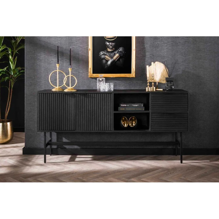 KAWOLA Sideboard LORCA Mango massiv schwarz 2 Türen 2 Schubladen 81 x 40 x 170 cm – Bild 2