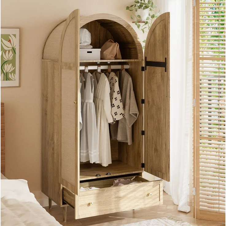 DESVIAE Garderobenschrank mit Stofftüren und Schubladen 79x175x50 cm MDF Eichenoptik
