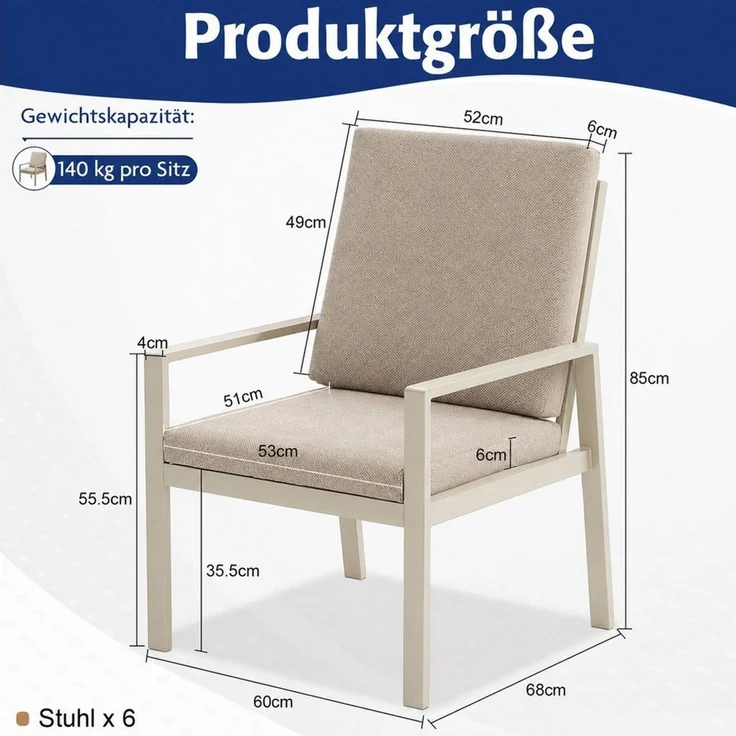 MeXo Gartenlounge-Set Alu Gartenmöbel-Sets Gartenstuhl, (6-tlg, 6 Esszimmerstühle, 60x 68x 85 cm, 12 Auflagen, bis zu 140 kg belastbar), wetterfest Gartengarnitur Set – Bild 3