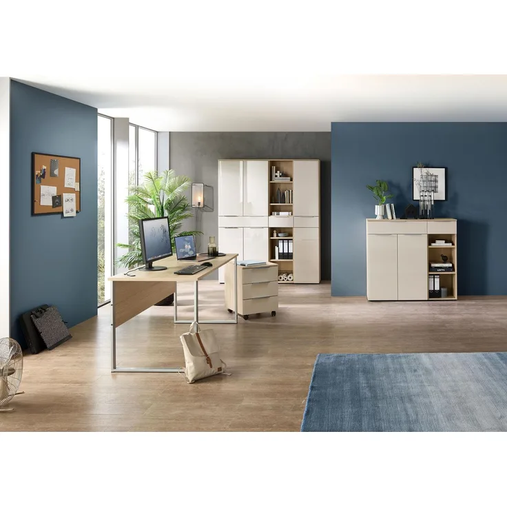 Komplettbüro Büro-Set SANTORIN V Riva Eiche & Glas Cashmere 7-teilig