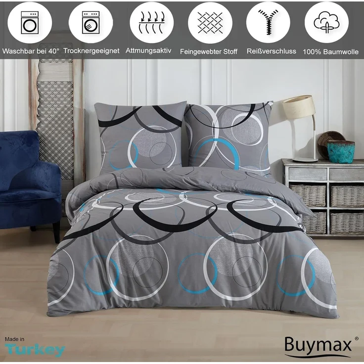 Buymax Bettwäsche Wave, Bettgarnitur, Bettbezug Set, Renforcé: 100% Baumwolle, 2 teilig, mit Reißverschluss, gemustert, Kreise, Grau, Türkis, 155x220 cm – Bild 2