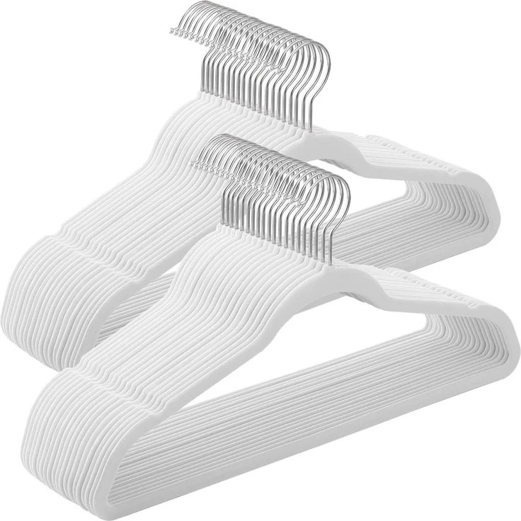 SONGMICS Kleiderbügel Samt, 50er Set, Jackenbügel, 41,5 cm breit, Anzugbügel, dünn, gut belastbar, um 360° drehbarer Haken, für Mäntel, Hemden und Anzüge, Weiß-Silber CRF026W04