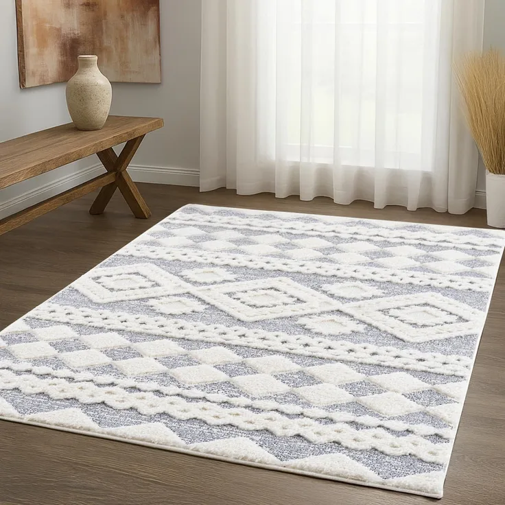 Teppich Wohnzimmer Hochflor - Boho - Pastell Cream Grau - 120x170cm - Einfarbig - Modern Raute Meliert Muster - Skandinavisch Flauschig Weich - Wohnteppich Schlafzimmer Dekoration
