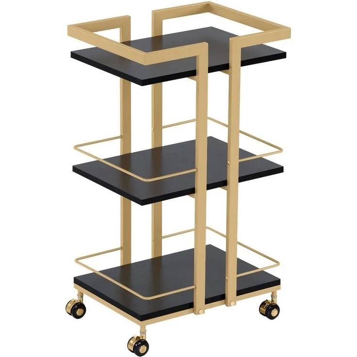 M MCombo Servierwagen mit Rollen, Küchenwagen Barwagen Metallgestell Schwarz-Gold, Moderne Rollwagen Mehrzweckwagen mit 3 Ebenen, für Küche Bad Wohnzimmer Büro, 0033