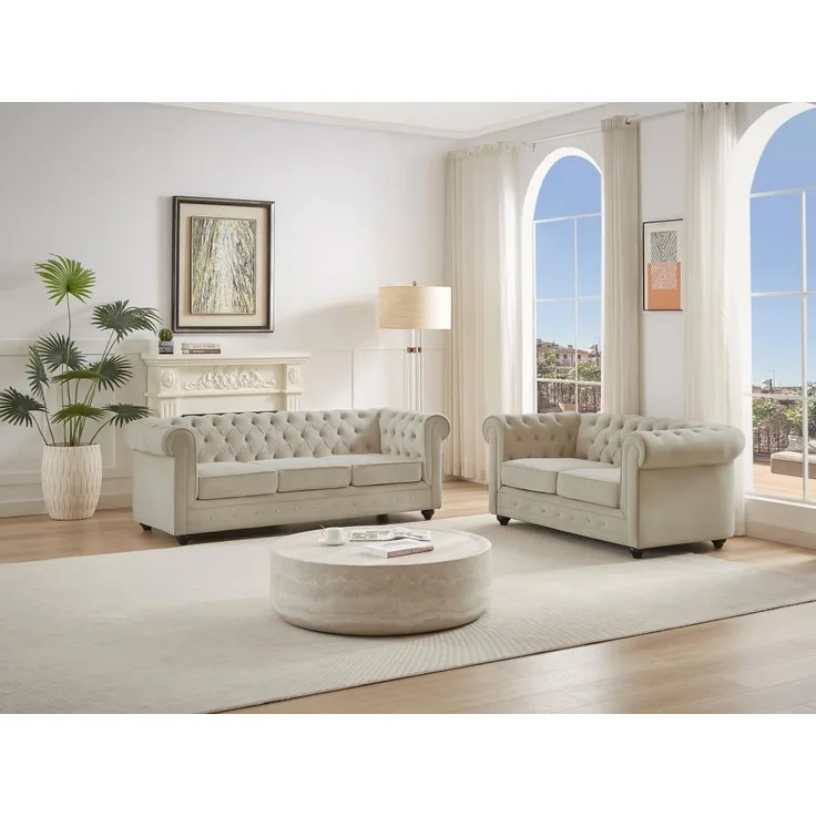 Vente-unique - Sofa 3-Sitzer & 2-Sitzer - Samt - Beige - CHESTERFIELD