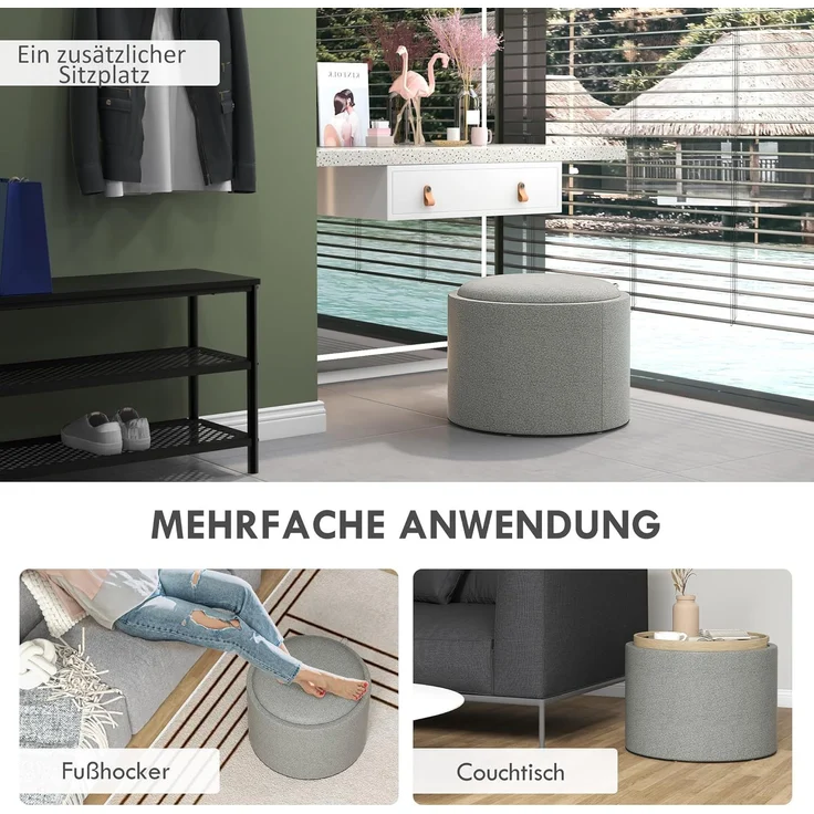 HOMCOM Sitzhocker mit Stauraum, Klappdeckel, Leinenoptik, Polsterhocker, Grau, 56 x 42 x 42 cm – Bild 3