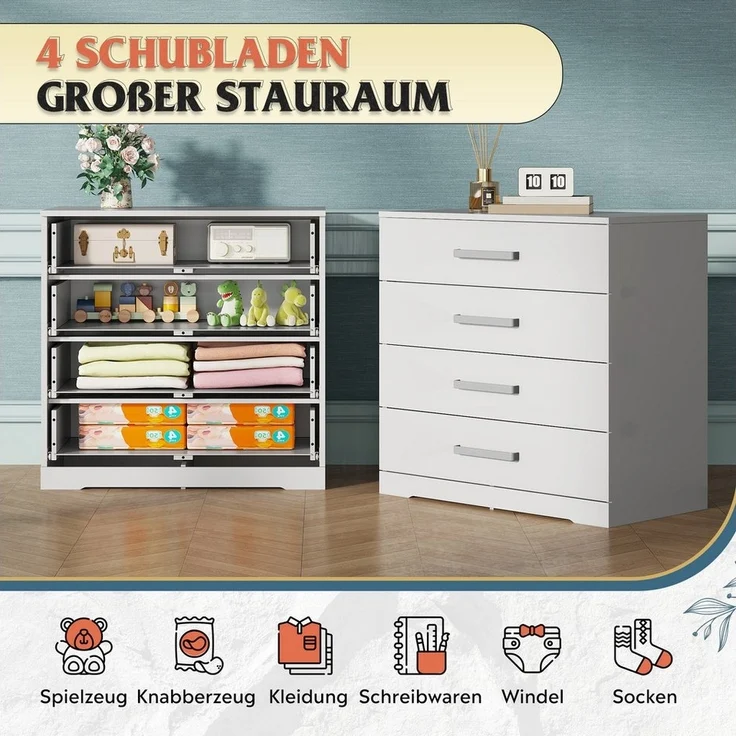 WLIVE Kommode mit 4/5 Schubladen, Moderne Schubladenkommode (Packung, Modernes Sideboard mit 3 Schubladen und 4 Fächern, Breite 75 cm), Vielseitiger Schubladenschrank für Schlafzimmer, Flur & Kinderzimmer – Bild 3