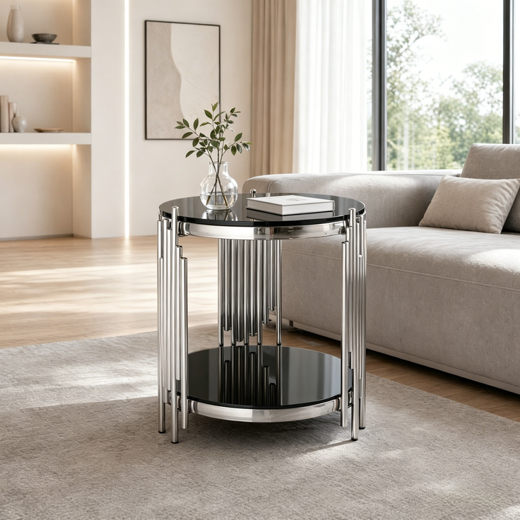 Beistelltisch rund H 55 x T 45 x B 45 cm mit 2 Ebenen, schwarzes gehärtetes Glas und Edelstahlgestell in Silber