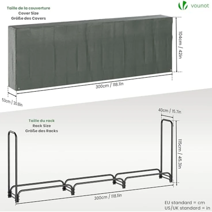 VOUNOT Kaminholzregal Aussen Metall, Brennholzregal Außen, Feuerholzregal Outdoor mit wasserdichte Abdeckung, 300 x 116 x 36 cm, Schwarz – Bild 6