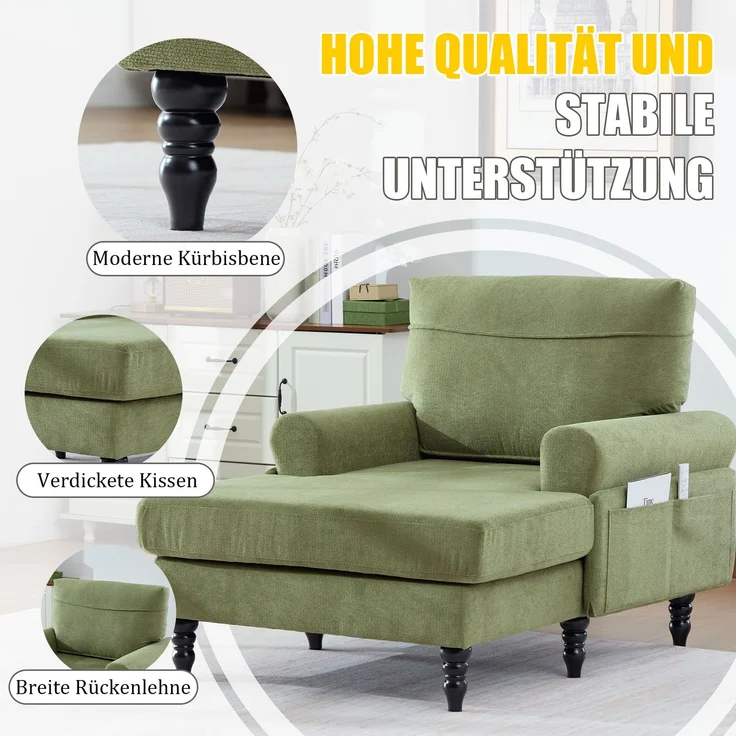 LVHOM XXL Relaxsessel mit Seitentaschen, Großer Chaiselongue-Sessel aus Chenille, Haustierfreundlich, Ergonomische Polsterung für Wohnzimmer, Büro, Wintergarten – Bild 5