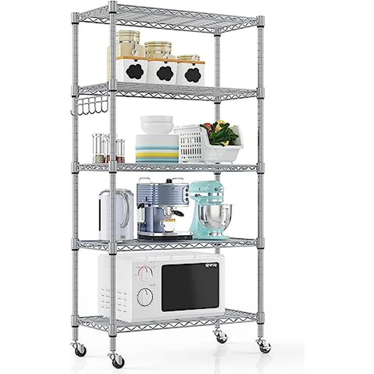 Regal mit 5 Regalböden und Rädern, Robustes Metalldrahtregal mit Haken, höhenverstellbar, für Badezimmer, Küche, Garage (76 x 35 x 158 cm), Silber – Bild 10