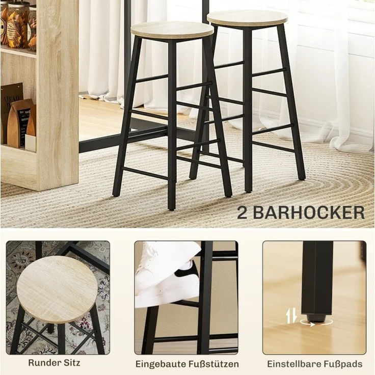 Bartisch-Set H 91 x T 49 x B 91 cm mit Stauraum, Stahl und Spanplatte in Eichenoptik, mit 2 Hockern – Bild 5