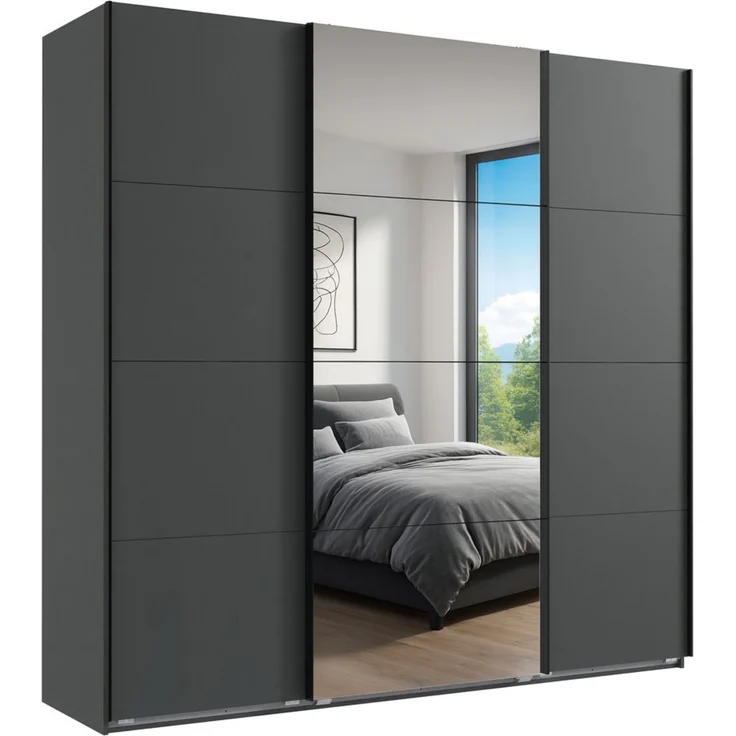 Schwebetürenschrank Kleiderschrank B225 cm extra H236 cm 3-türig Grafit, 1x Spiegeltür – Bild 1