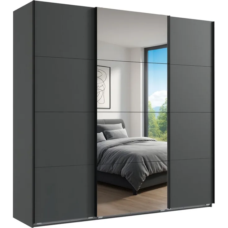 Schwebetürenschrank Kleiderschrank B225 cm extra H236 cm 3-türig Grafit, 1x Spiegeltür