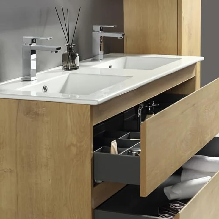 Alpenberger Badezimmer-Set Badezimmer Möbel Badschrank - Doppelwaschbecken mit Unterschrank, (Moderner Waschplatz, Keramik Waschbecken mit Überlauf), Doppelwaschtisch 120 cm Breit – Eiche Natur – Bild 7