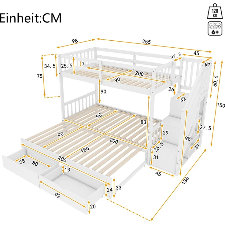 Merax Etagenbett Kinderbett 90x200cm mit umwandelbarem Unterbett 90x200/180x200cm, Weiß – Bild 4