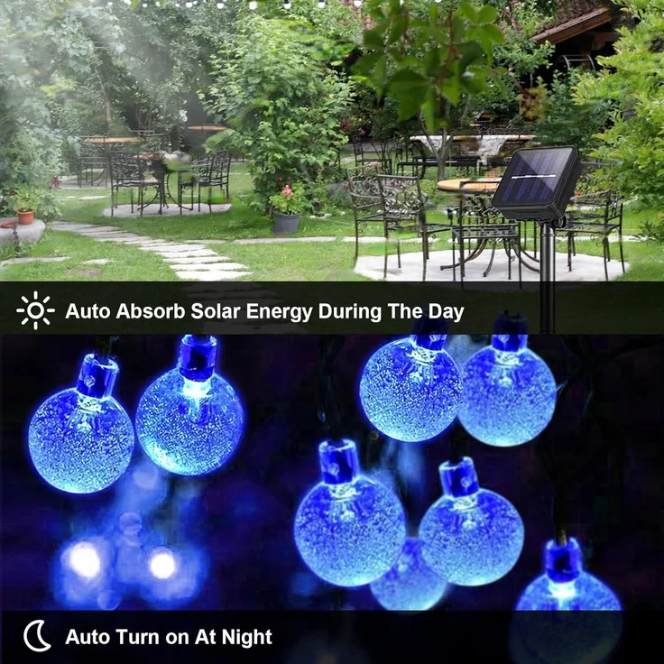 LQWELL® Solar Lichterkette Aussen 13M 60LED 8 Modi für Innen und Aussen Kettenlicht Kristall Kugeln IP44 Wasserdicht Garten Terrasse Balkon Hochzeit Party Fenster (Blau) – Bild 6
