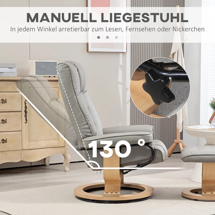 HOMCOM Relaxsessel mit Hocker, Kunstleder, Holz, Grau, 76L x 85B x 104H cm – Bild 4