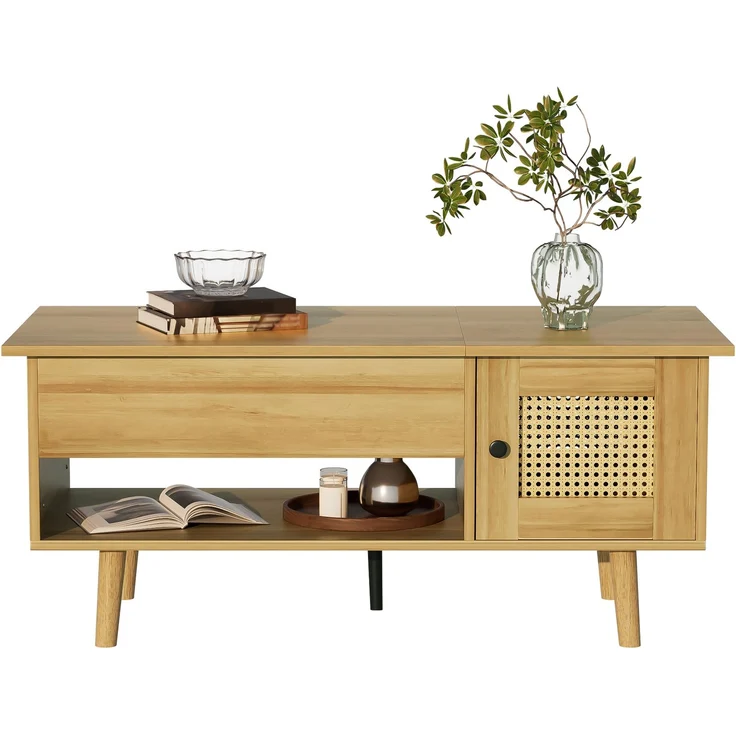 Merax Couchtisch mit anhebbarer Tischplatte und Rattan-Türen, Holzfarbe mit schwarzen Akzenten, Holzfarbe – Bild 10