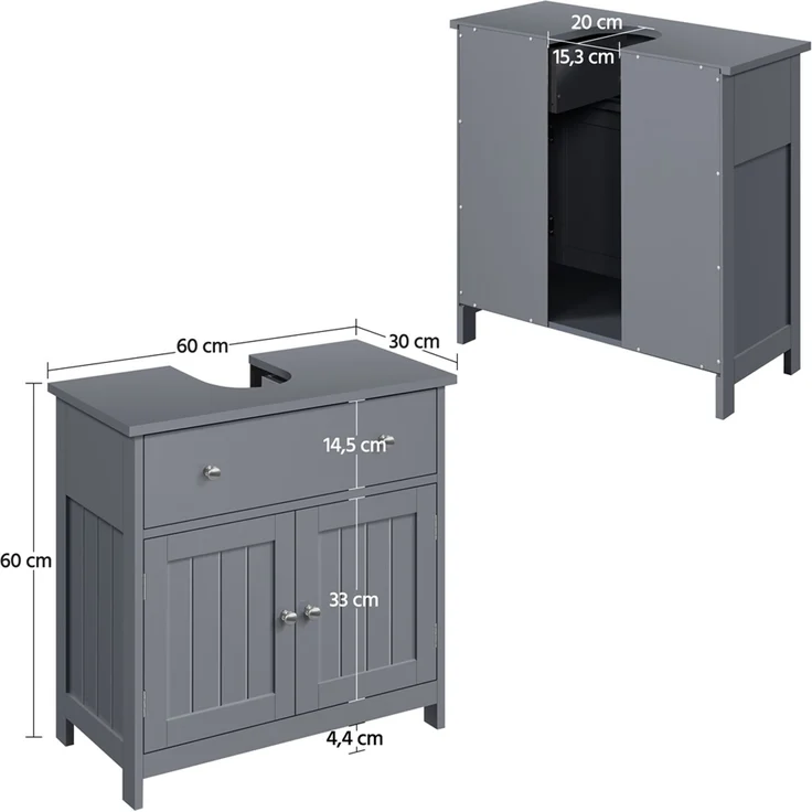 Yaheetech Waschbeckenunterschrank mit Schublade & 2 Türen, Holz grau, 60 x 30 x 60 cm – Bild 4