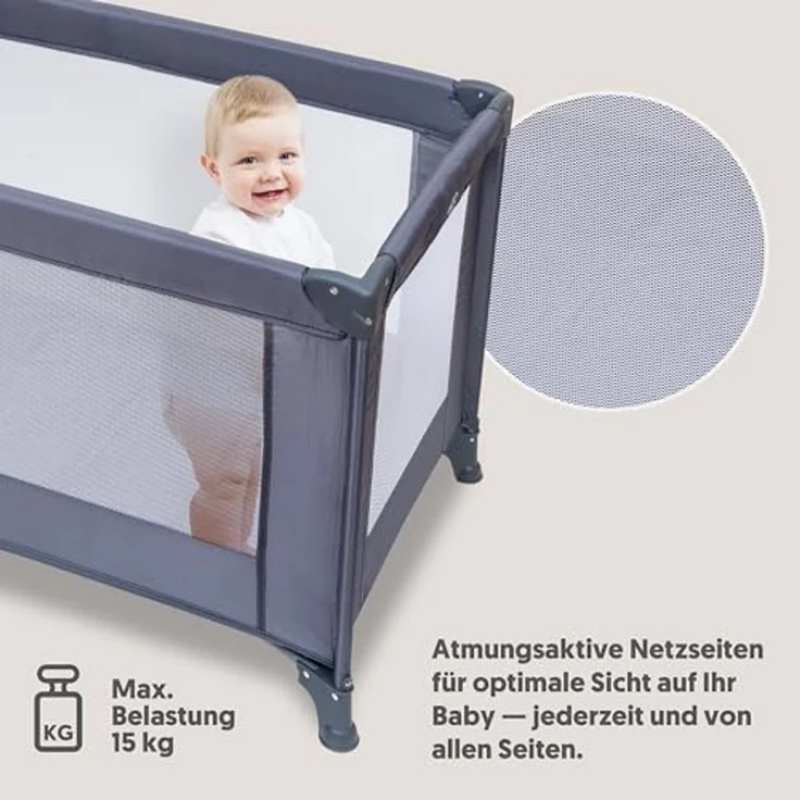 Interbaby Reisebett Baby klappbar mit Rollen 120x60 cm – Baby Reisebett mit Transporttasche, leicht faltbar, Kinderreisebett & Laufstall, Reisegitterbett bis 15 kg (Grau) – Bild 3