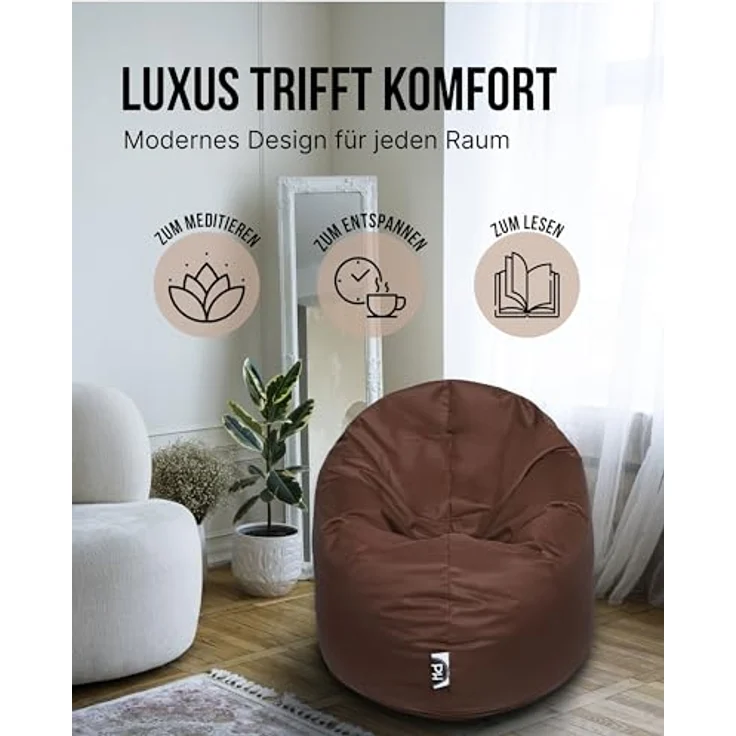 PATCH HOME 2-in-1 Sitzsack Sessel - Gaming Bean Bag mit Reißverschluss - Bereits befüllt, Ergonomisch & Robust für Kinder & Erwachsene - Indoor & Outdoor, Wetterfest (Braun, 155cm) – Bild 9