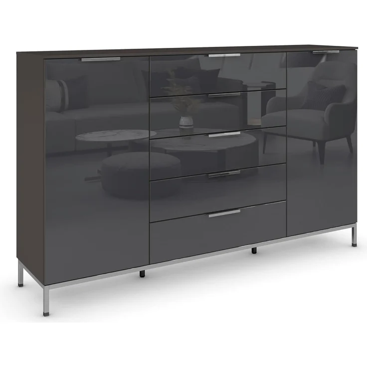 Rauch Möbel Flipp, Nachttisch für Schlafzimmer, Flur, Garderobe, 2-türig, 5 Schubladen, mit Softclose-Funktion, Griffe und Metallkufe Chrom, Farbe Glas Basalt, Schwarz, Breite 180 cm – Bild 1
