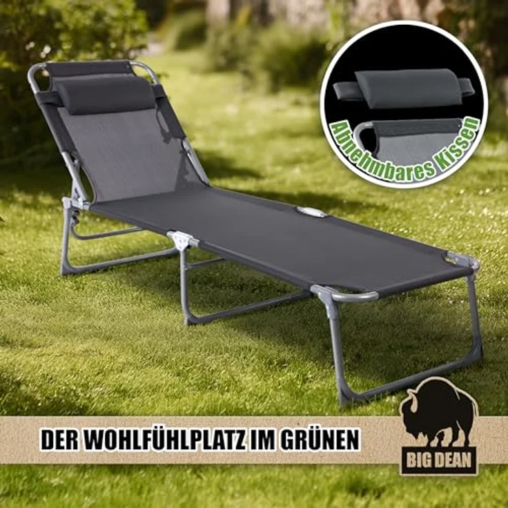 BigDean Sonnenliege klappbar mit Kopfkissen extra hoch dunkelgrau 150 kg belastbar - hochwertige Gartenliege für Balkon, Garten & Strand – Bild 4