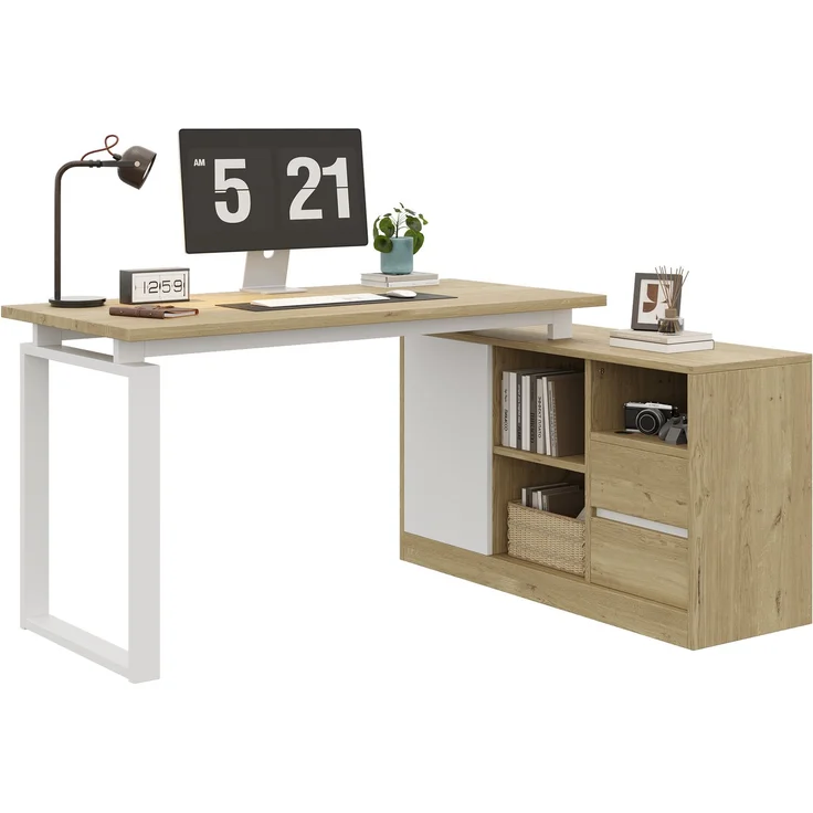 Flieks L-förmiger Schreibtisch 152x113.5x76 cm, Bürotisch mit 2 Schubladen, 3 offenen Regalen & 1 Schrank, Naturholzfarbe & Weiß – Bild 10