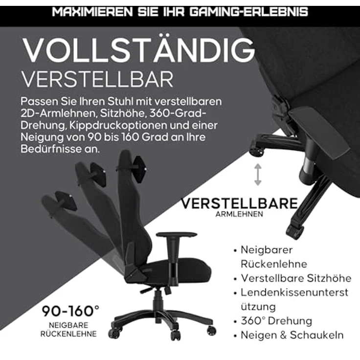 Anda Seat Phantom 3 Stoff Gaming Stuhl für Erwachsene – Ergonomisch PC Stuhl mit verstellbaren 2D Armlehnen, Kopfstütze & Lendenkissen, Bequemer Design, Belastbarkeit bis 90 kg, Schwarz – Bild 7