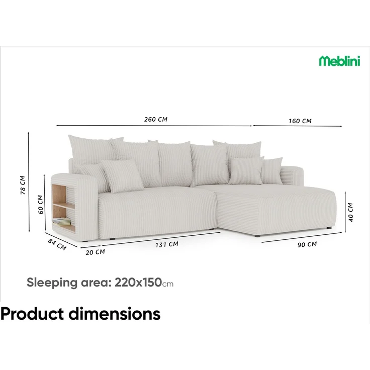 MEBLINI Schlafcouch mit Bettkasten - 260 x 160 x 78 cm - Dunkelgrau Cordstoff - NAPLES - Kleines Ecksofa mit Schlaffunktion - Sofa mit Relaxfunktion und Kissen - Kleine Couch L-Form - Eckcouch – Bild 7