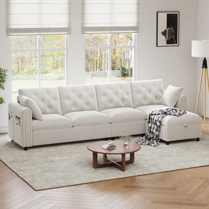 EINHOM Moderns sofa mit Stauraum im Eckbereich , L-förmiger Stauraum im Eckbereich links und rechts verstellbar, Seitliche Armlehnen mit Magazintaschen, Rückenlehne mit Knopfheftung. Beige. (281 x 86 x 71 cm) – Bild 4