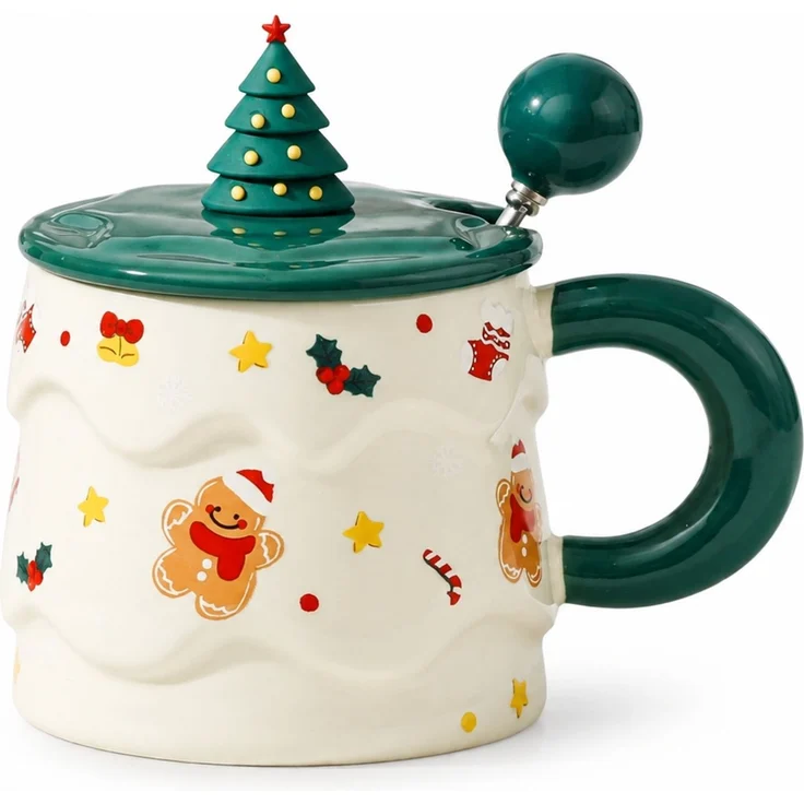 Keramik-Weihnachtstasse mit Deckel und Löffel Kaffeetasse Grün 16 x 12 x 14 cm – Bild 1