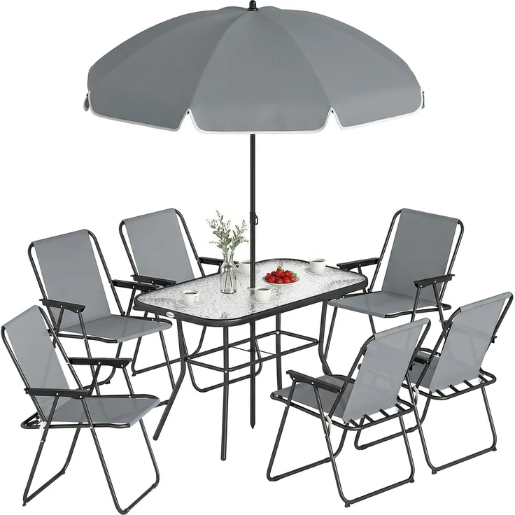 Gartenmöbel Set Sitzgruppe 119 x 68cm Glastisch mit 6 Klappstühlen Sonnenschirm Wasserwellenmuster Grau--Grau--70x68x119cm--YOUDENOVA – Bild 1