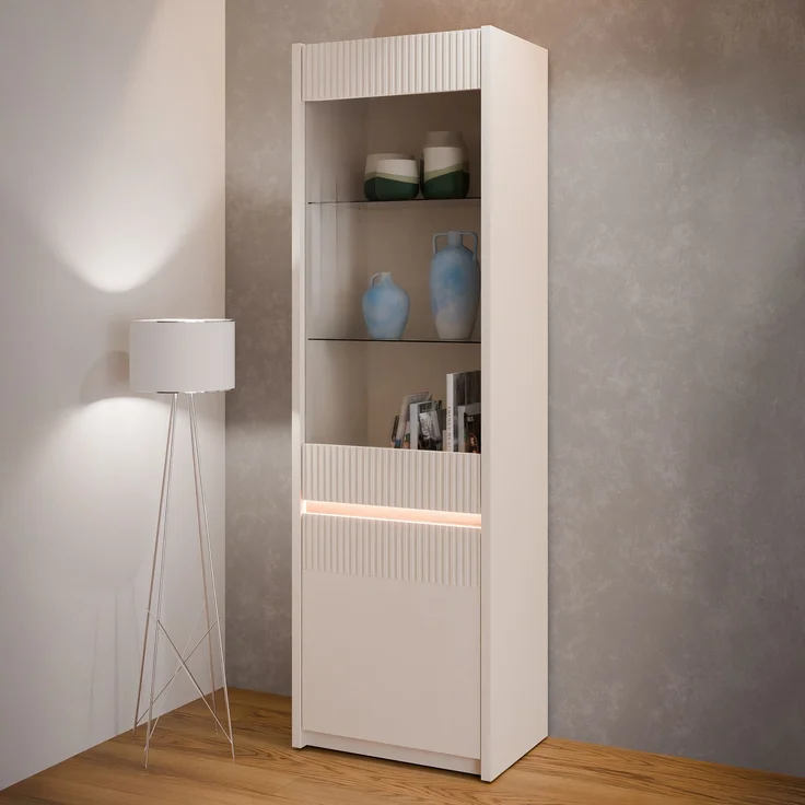 Forte OAK SQUERE Vitrine 60, elegante Wohnzimmervitrine mit 2 Türen, Glasfront und Beleuchtung, Holzwerkstoff, Mauvella Eiche Holzdekor/Sand, 60,6 cm breit x 197,9 cm hoch x 41,5 cm tief – Bild 1