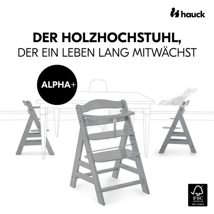 Hauck Hochstuhl Alpha Plus Grey, Mitwachsender Holz Kinderhochstuhl verstellbar mit Sitzauflage & Gurt – Bild 2