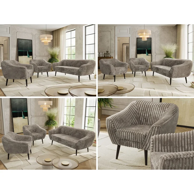 Wohnzimmerset PIRS 1-1-3, Skandinavisches 3-Sitzer Sofa mit Sesseln, Sofa mit Wellenfederung, schwarze Füße, Skandinavisches Möbelset - Hellbraun Cord – Bild 2