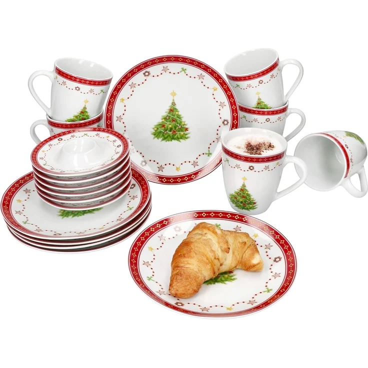 18tlg Frühstücksset Weihnachtstraum Porzellan 6 Pers. Teller Becher Eierbecher – Bild 1