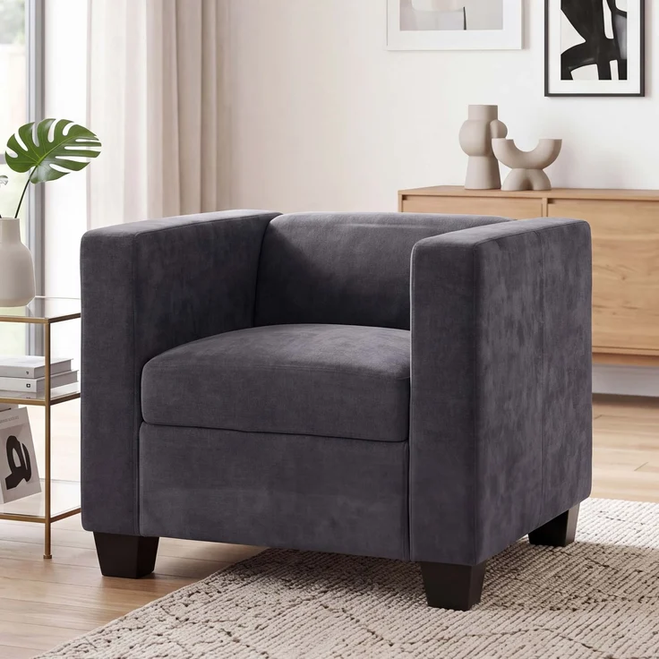 Sessel Lille, Loungesessel Polster-/Cocktailsessel, Nosagfederung Stoff/Textil Chenille (260g/m²) ~ dunkelgrau – Bild 1