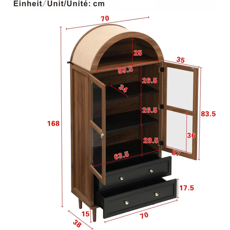 Kommode Aufbewahrungsschrank mit verstellbaren Einlegeböden,Moderner Retro-Aufbewahrungsschrank aus gewölbtem Glas,Verstellbare Regale,Luxuriöses Sideboard--Nussbaum--70x38x168cm--YOUDENOVA – Bild 5