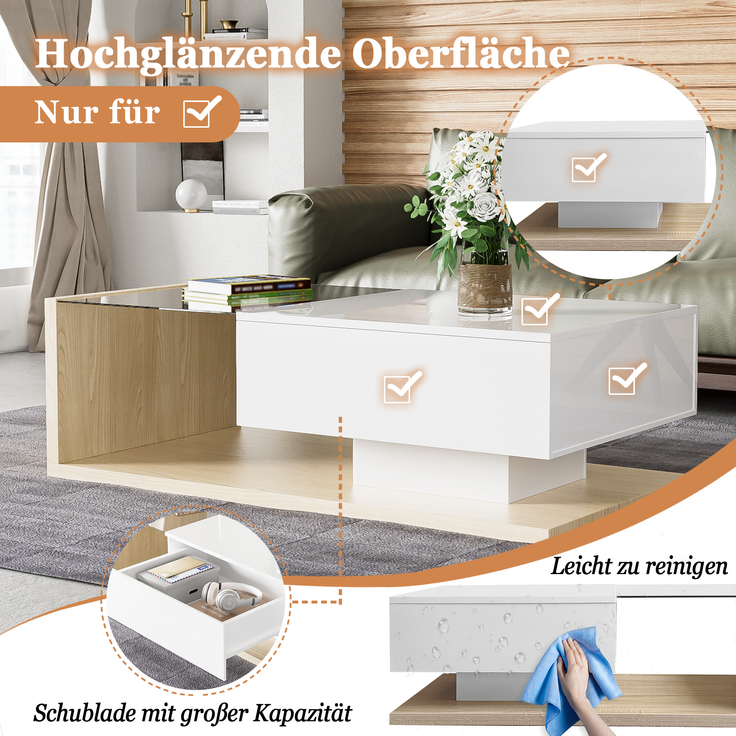 Couchtisch aus Spanplatte mit Glasplatte & LED-Licht, 105x55x32,5 cm, Weiß/Natural – Bild 6