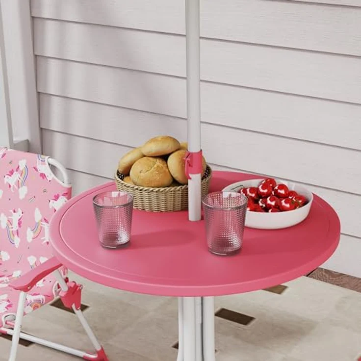 AIYAPLAY Garten-Kindersitzgruppe mit abnehmbarem Sonnenschirm, (Kindertisch mit 2 Klappstühlen, 4-tlg, Kindersitzgarnitur), für Kinder 2-5 Jahre, für Garten, Hinterhof, Terrasse, Rosa – Bild 9